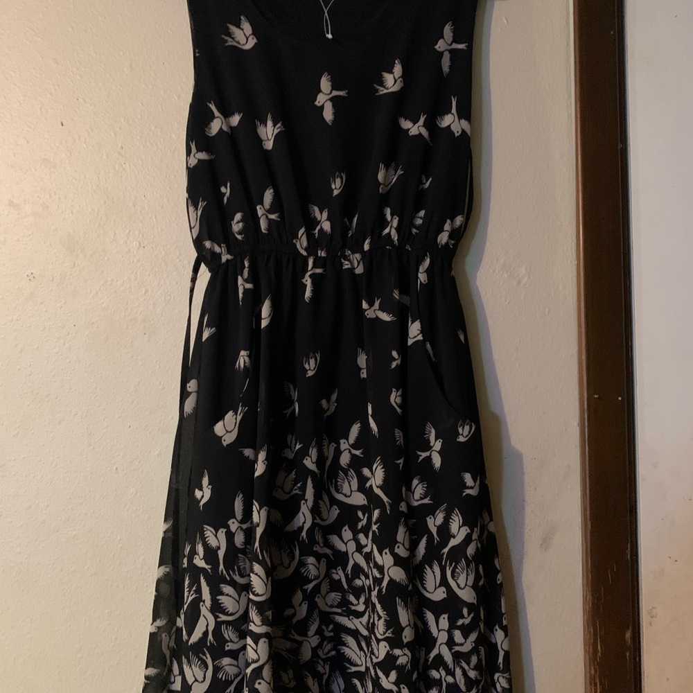 Black short dress with birds on it has pockets